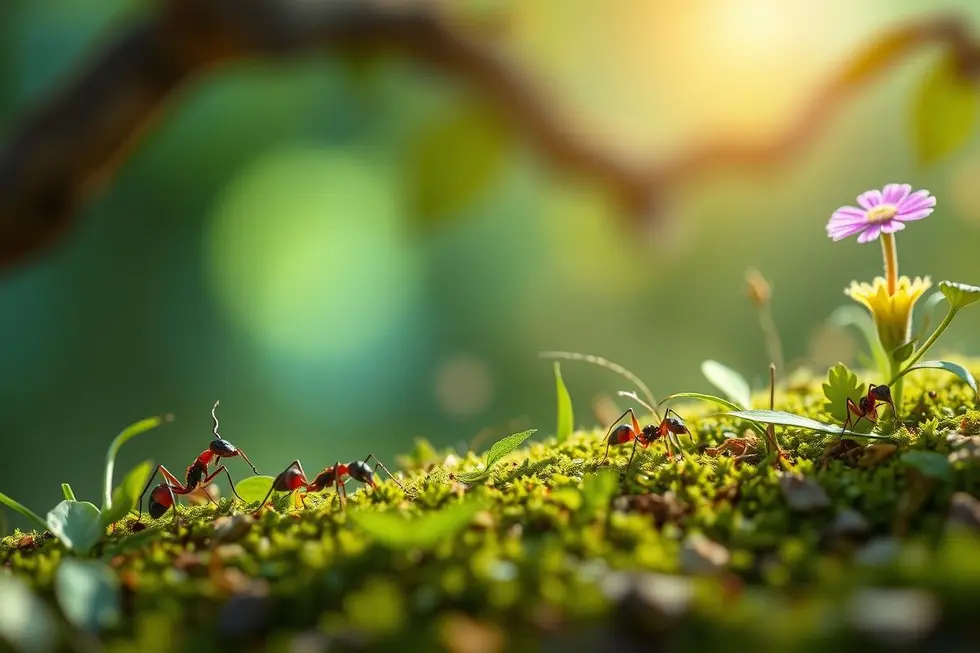 Formigas pequenas em seu habitat natural, simbolizando conexão espiritual e compreensão.