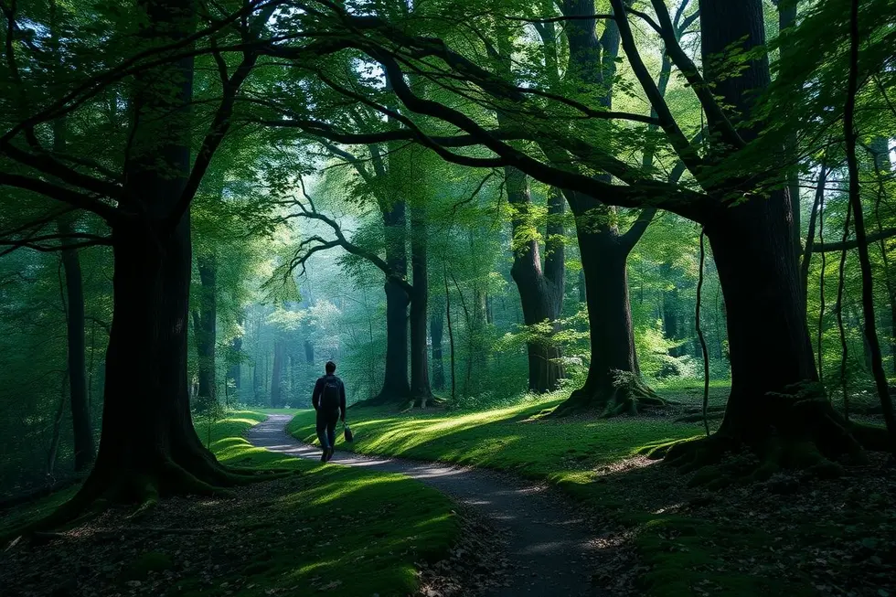 Uma pessoa caminhando por um caminho tranquilo em uma floresta, simbolizando uma jornada de descoberta.