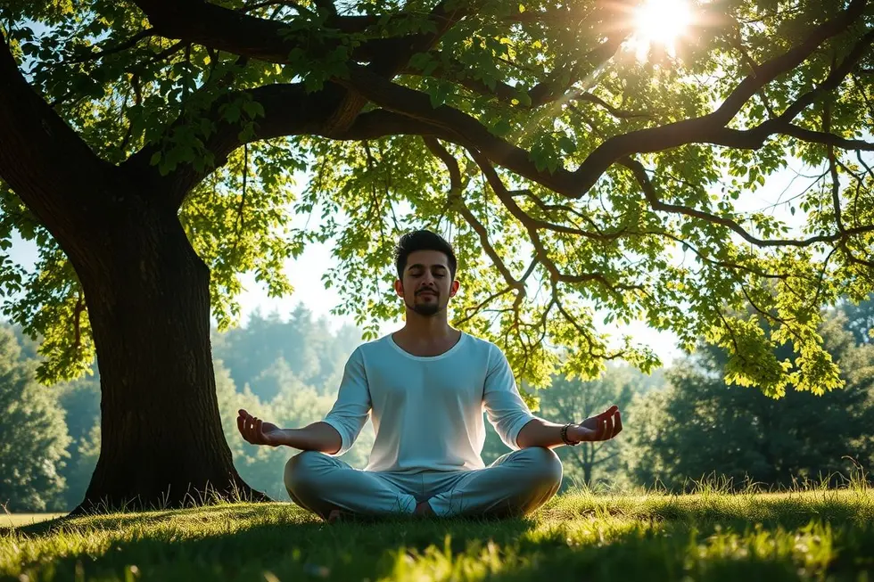 Pessoa meditando sob uma árvore, cercada pela natureza.