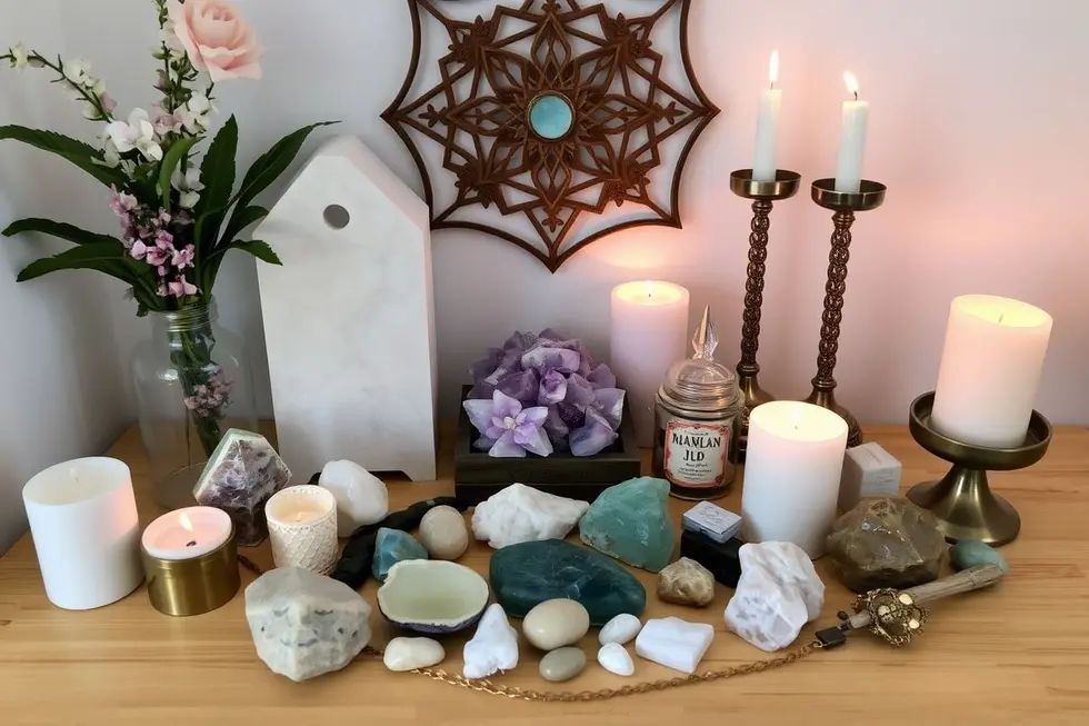 Altar decorado com cristais e velas.