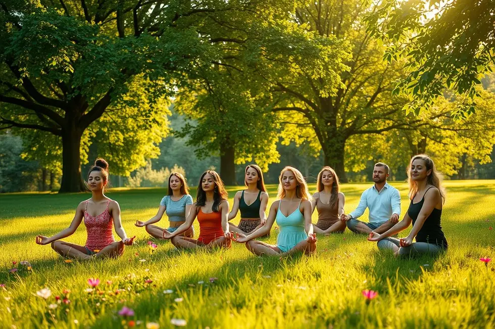 Imagem de pessoas meditando em harmonia na natureza, representando o amor e autoconhecimento.