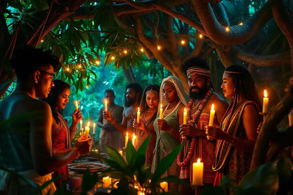 Cena vibrante de conexão espiritual no ritual de Umbanda.