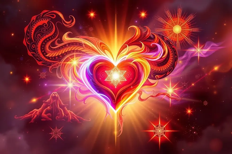 Um coração vibrante simbolizando amor universal na espiritualidade da Umbanda.