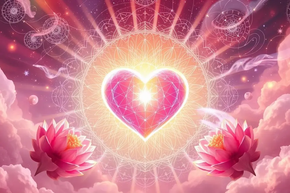 Um coração aberto cercado por símbolos espirituais, refletindo amor e conexão com o universo.
