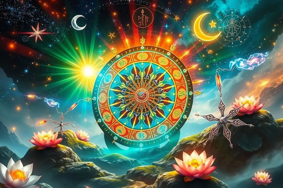 Representação da Roda da Fortuna e crescimento espiritual.