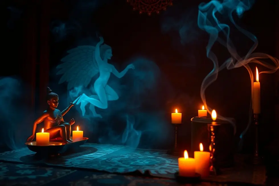 Imagem representativa da conexão espiritual na Umbanda, com elementos de Samuel.