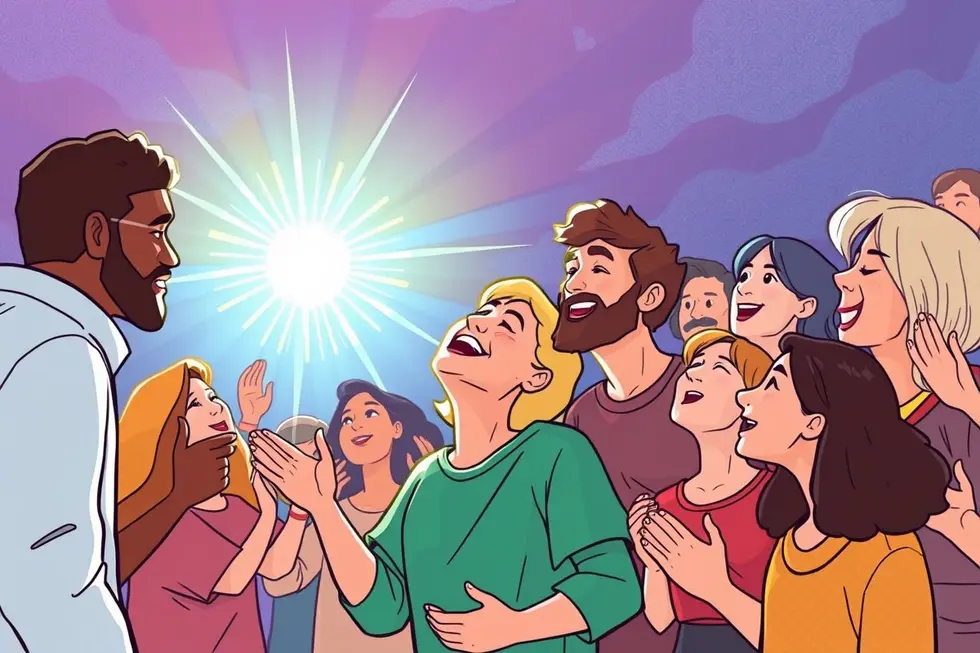 Grupo de praticantes espirituais formando um círculo, simbolizando unidade e conexão.