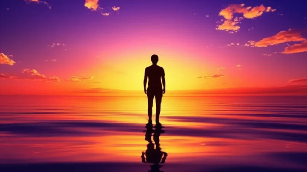 Pôr do sol místico refletindo em águas calmas, convidando à introspecção.