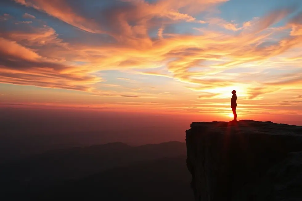 Pessoa contemplando um pôr do sol como símbolo de esperança.