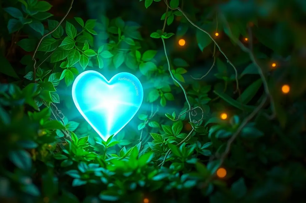 Um coração brilhante cercado pela natureza, simbolizando o amor e o despertar espiritual.