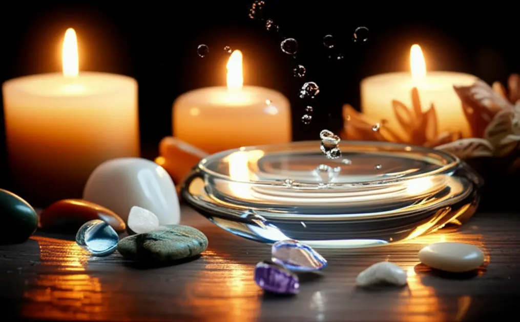 Elementos de espiritualidade com velas e cristais em um ambiente sereno.