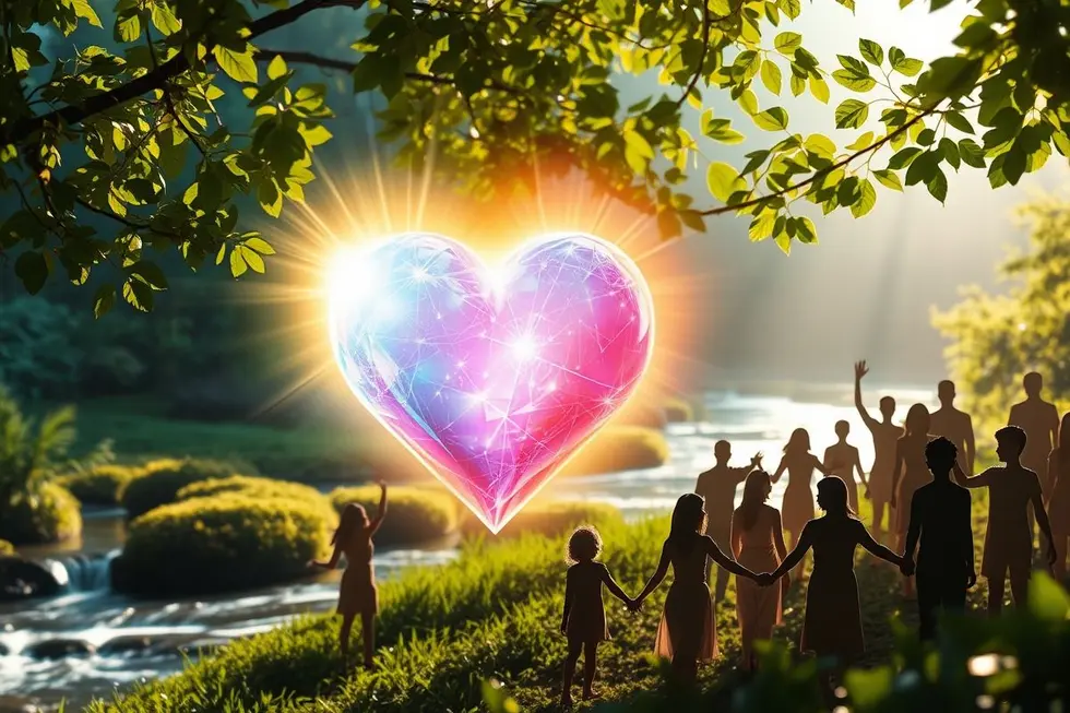 Coração radiante cercado por luz, simbolizando amor universal.