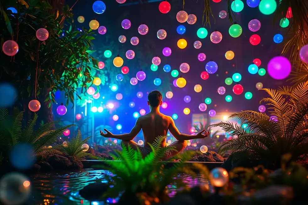 Fluxo harmônico de energia com elementos naturais e uma pessoa meditando.
