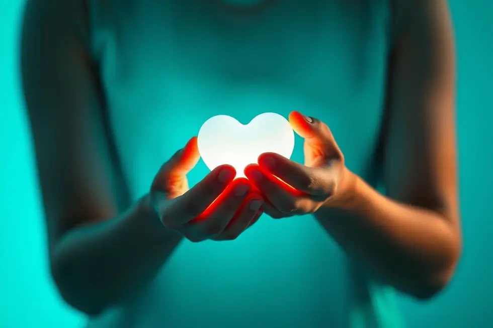 Duas mãos segurando um coração radiante simbolizando amor e unidade.