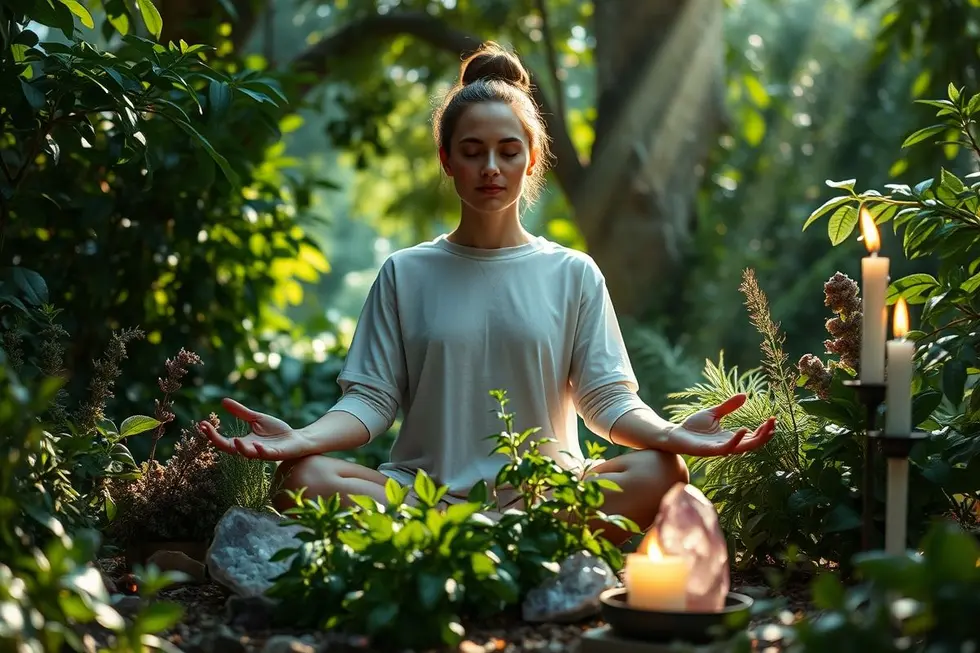 Imagem de meditação e práticas de limpeza de energia no contexto da Umbanda.