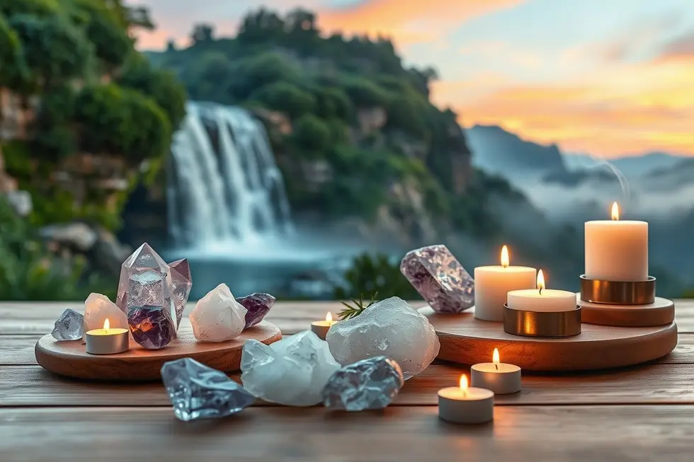 Objetos de limpeza energética como cristais e velas em um cenário natural.