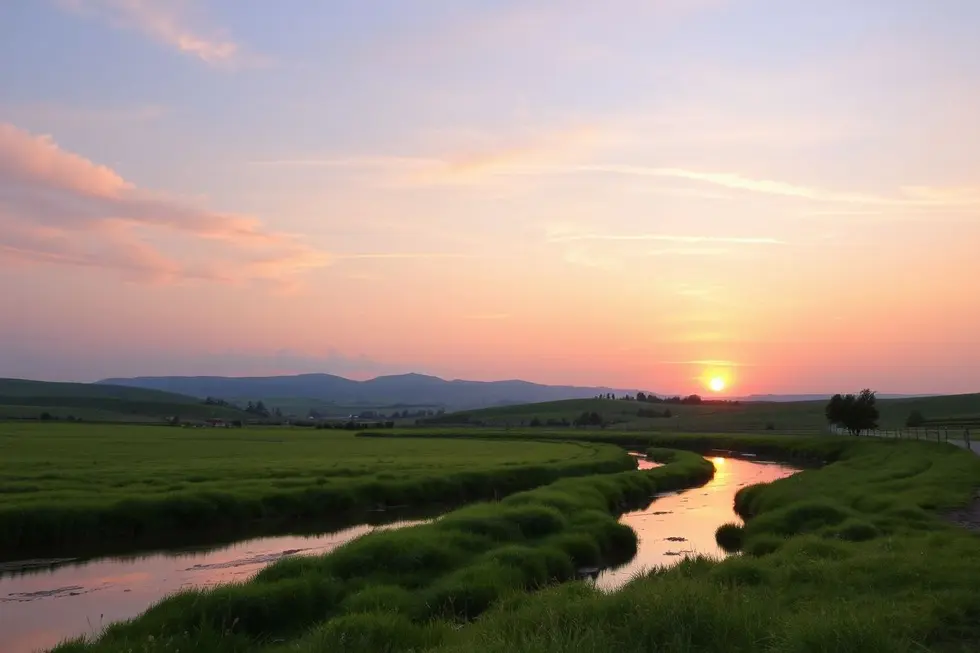 Paisagem tranquila ao pôr do sol.