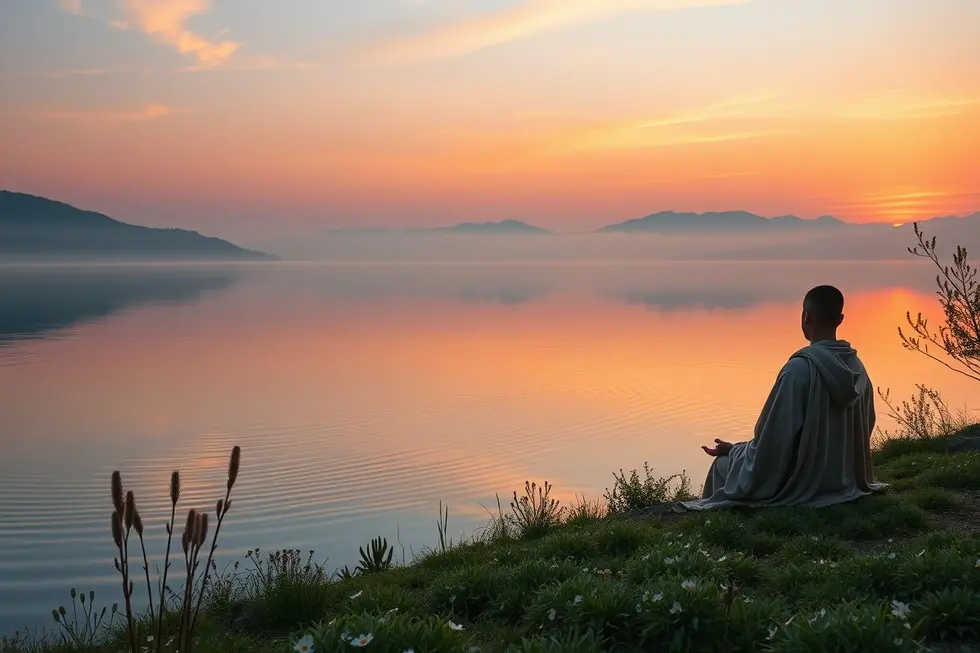 Pessoa meditando em um lago, simbolizando conexão espiritual.