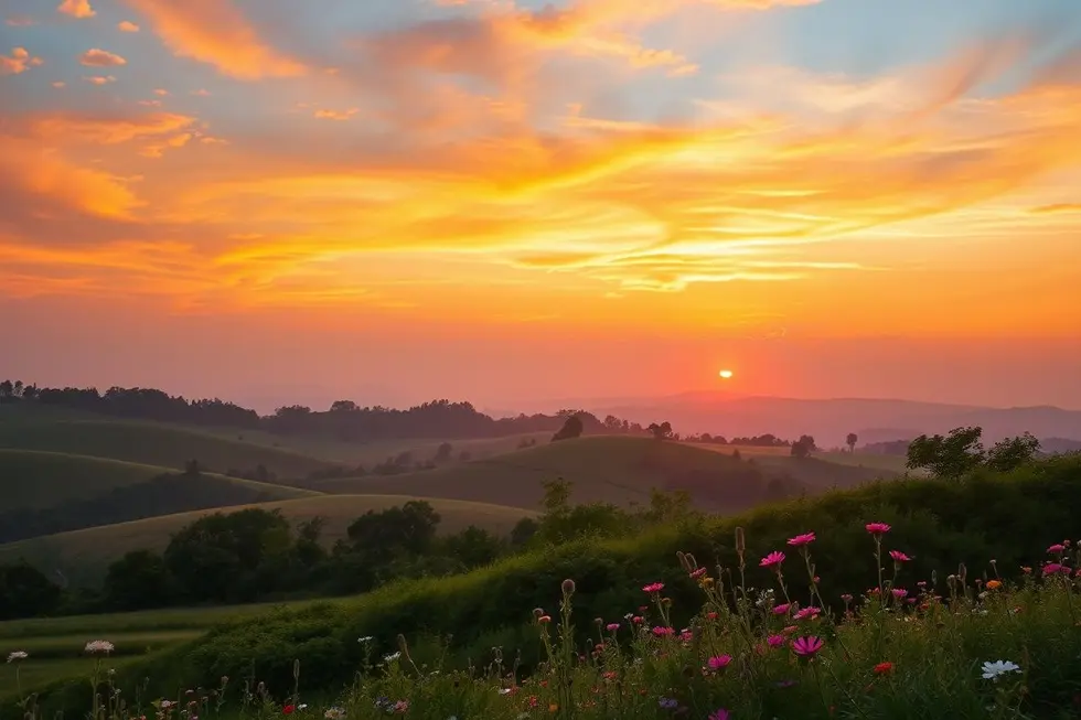 Nascer do sol sobre uma paisagem tranquila, representando esperança e iluminação espiritual.