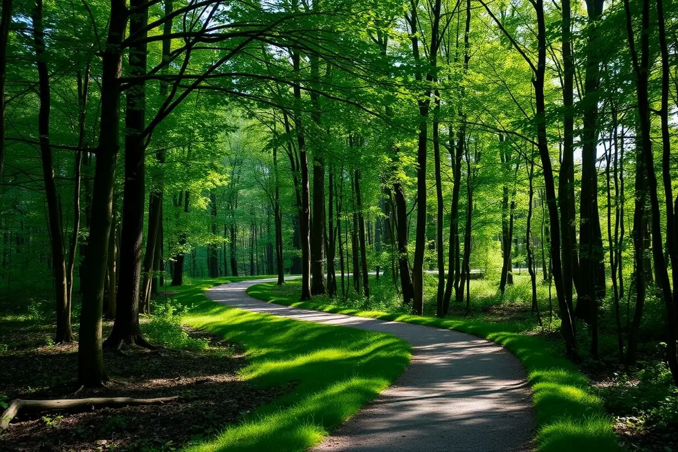 Caminho sereno na floresta em busca de conexão espiritual.