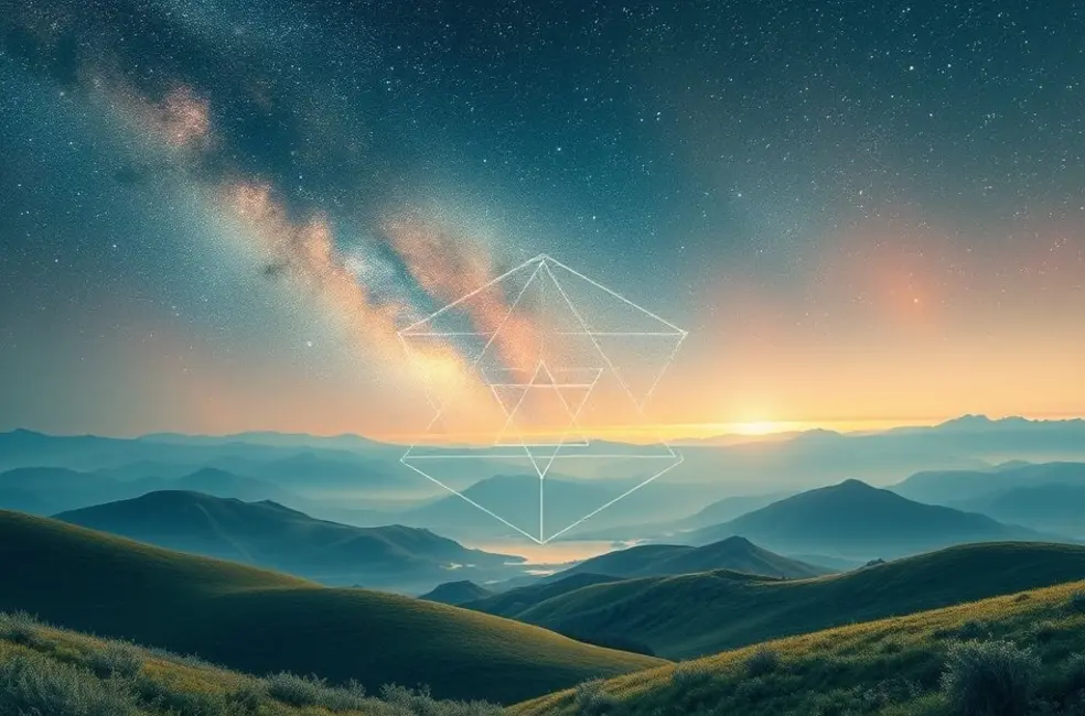 Uma paisagem etérea com símbolos cabalísticos sobre um céu estrelado.