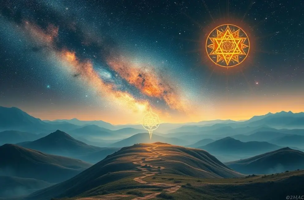 Paisagem mística com símbolos cabalísticos sob um céu estrelado.
