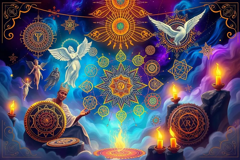 Ilustração vibrante de rituais da Umbanda.