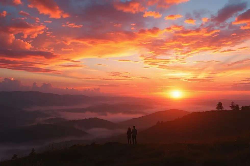Pôr do sol sobre uma paisagem espiritual que representa a união de tradições.