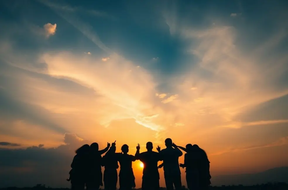 Céu de entardecer com pessoas em círculo, representando conexão e espiritualidade.